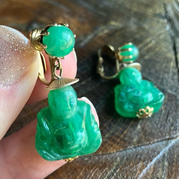 Vintage Hong Kong Signed Buddha Earrings Clip-On Dangles - Picture 2 of 10
